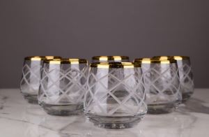 Altın Şeritli Kesme Polo Dekorlu Mini Kahve Yanı Su Bardağı (6